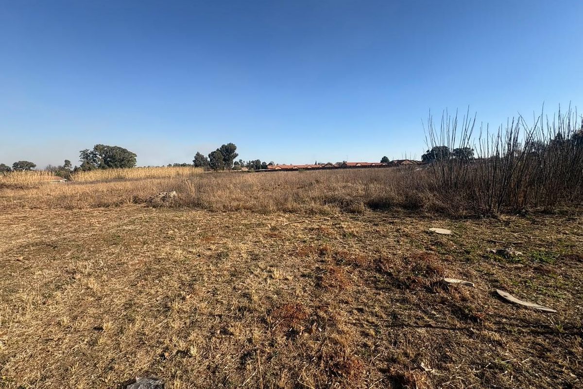 A wide-angle view of a vacant residential plot featuring dry natural vegetation and open space under a clear blue sky.