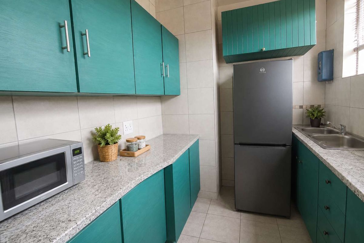 A functional kitchen featuring teal cabinetry, granite countertops, tiled backsplash, and a double basin sink.