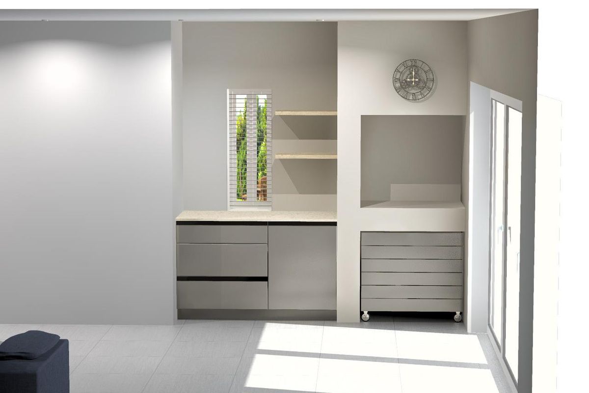 A modern interior space featuring built-in cabinetry, floating shelves, and a recessed alcove, finished with clean lines and neutral tones.