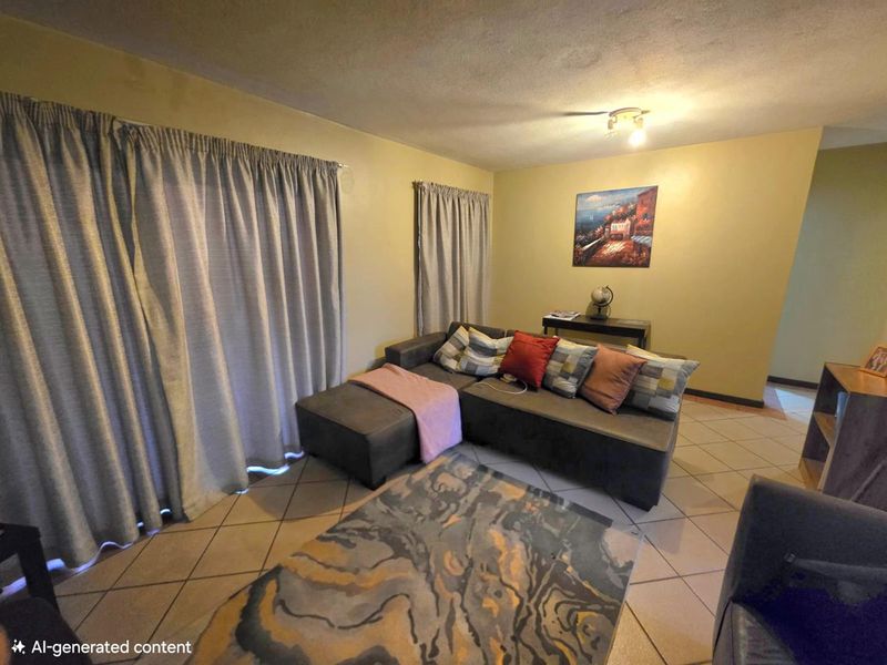 A living room area featuring ceramic floor tiles and neutral wall tones, providing a functional space with direct access to window treatments.
