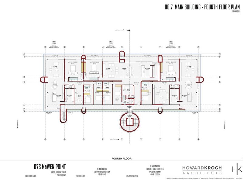 Architectural floor plan for the fourth floor of the main building at 073 Möwen Point, detailing unit layouts and dimensions.
