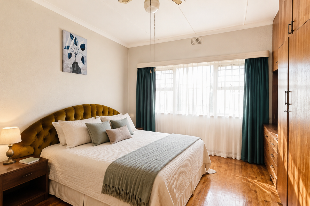 A well-maintained bedroom featuring warm parquet flooring, a large window for natural light, and extensive built-in wooden wardrobe storage.