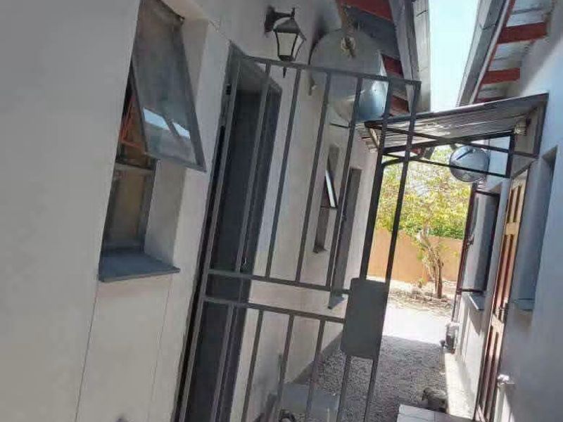 A narrow side passage of the house featuring a security gate, external lighting, and corrugated roofing over the walkway.