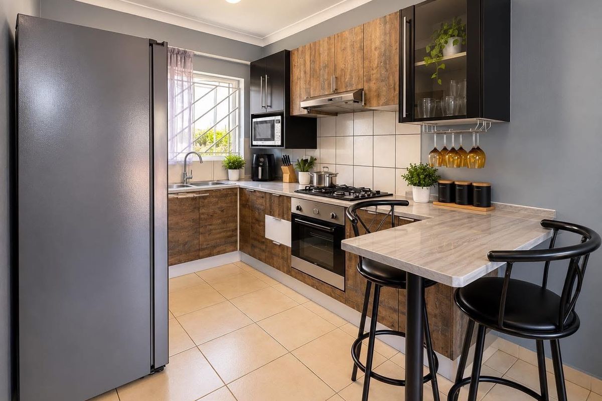 Modern kitchen featuring wood-look cabinetry, stone-effect countertops, integrated gas hob, oven, extractor fan, and a convenient breakfast bar area.