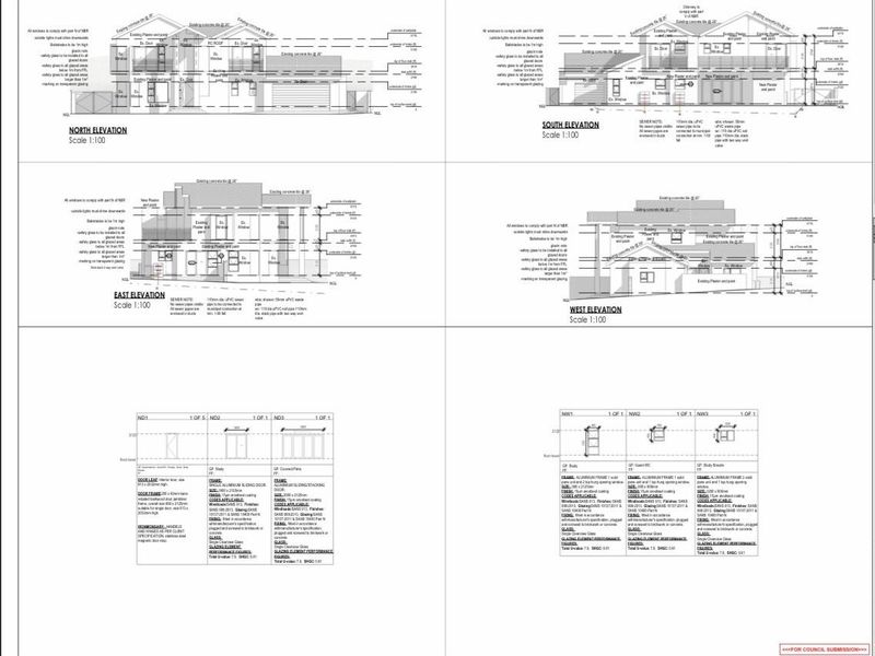 Architectural elevation drawings and door/window schedules for council submission.