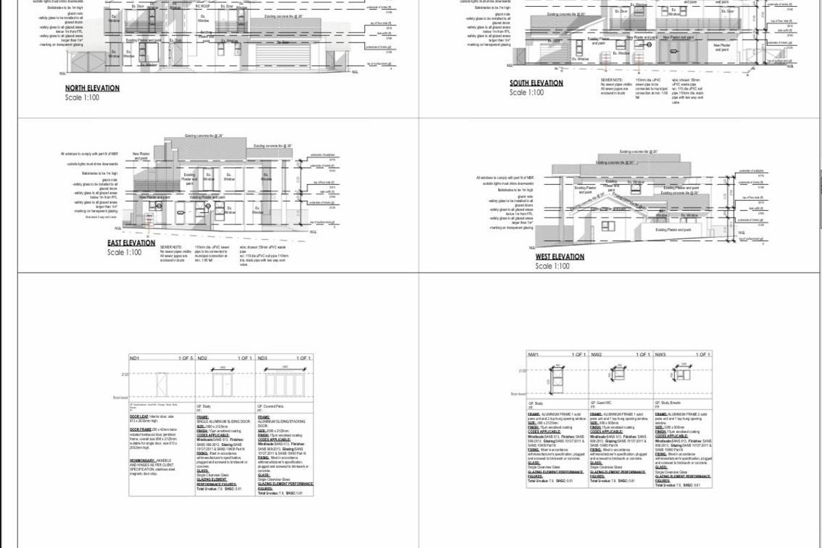 Architectural elevation drawings and door/window schedules for council submission.