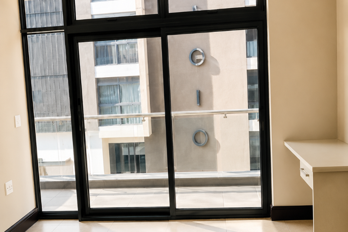 A bright, empty living area featuring large sliding glass doors leading to a balcony, tiled flooring, and a convenient built-in desk unit.