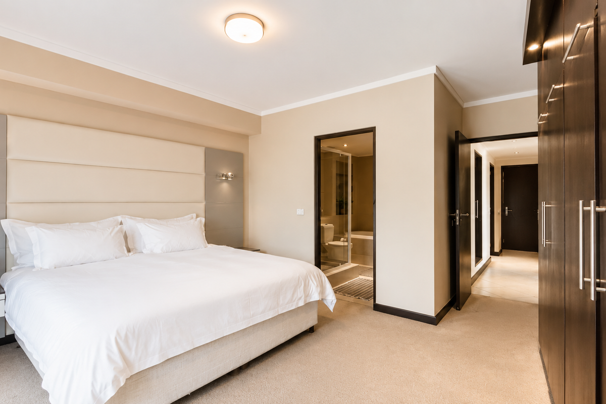 Spacious bedroom featuring a large upholstered headboard, integrated wall lighting, and extensive built-in wardrobe storage with direct access to an en-suite bathroom.