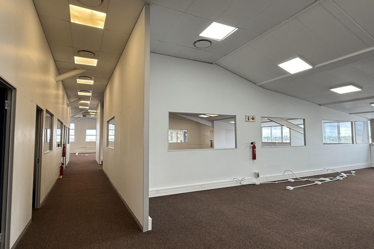 Spacious open-plan office area featuring suspended ceilings, recessed lighting, carpeted floors, and internal glass partitions, providing a versatile workspace environment.