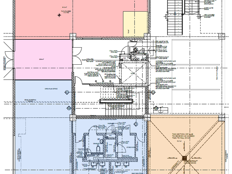 Architectural floor plan detailing the layout of the office space, including ablution facilities, lift access, staircase, and open-plan office areas.