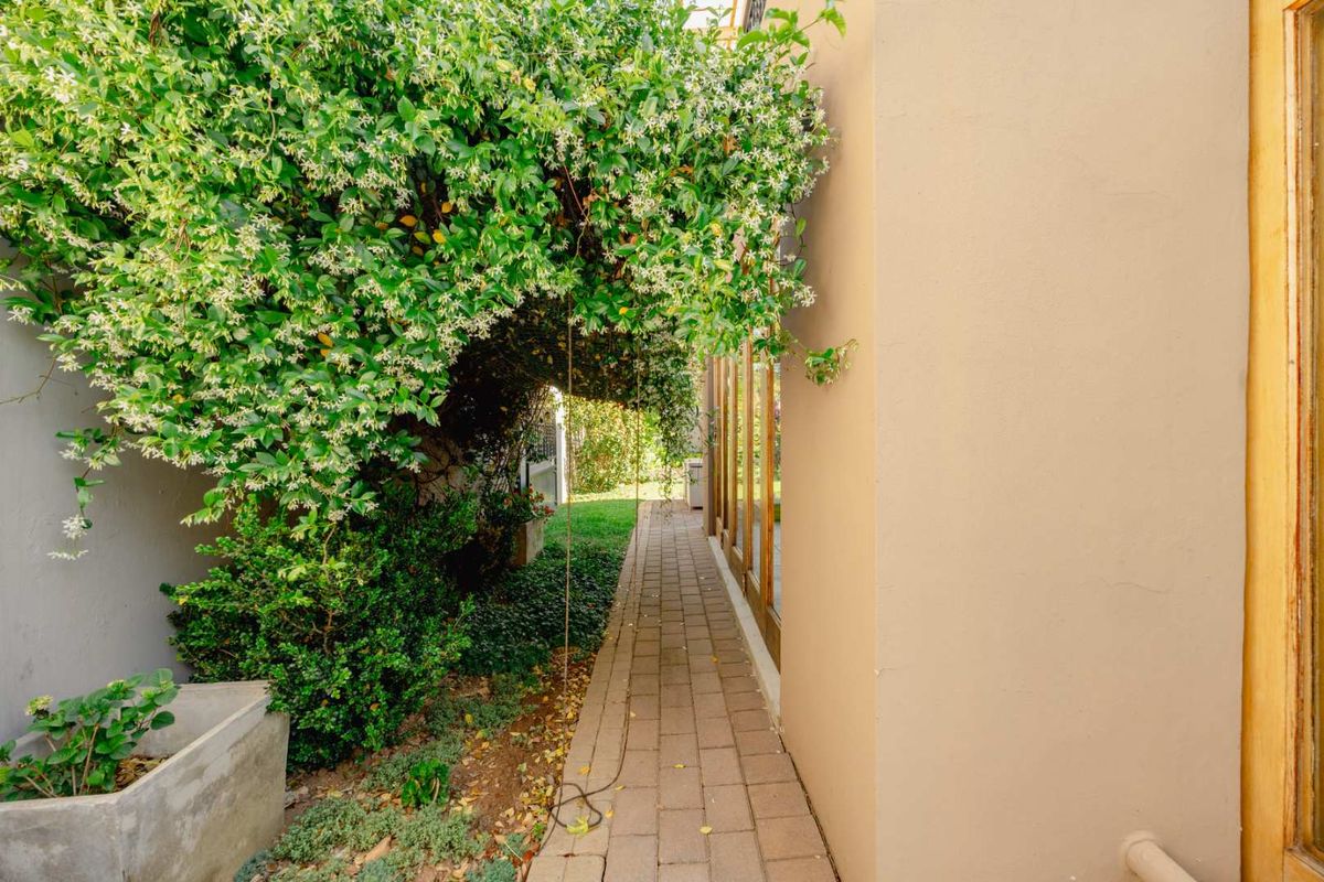 A paved side walkway leading to the rear garden, featuring large sliding glass doors and established climbing greenery along the exterior wall.