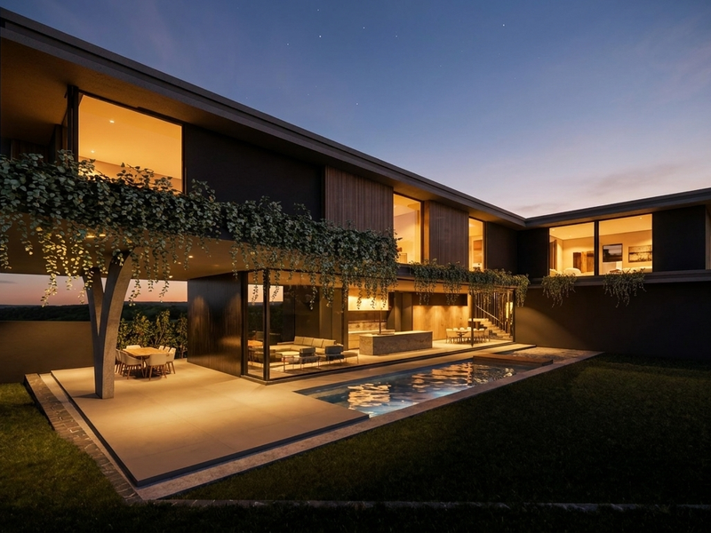 Modern luxury residence featuring a cantilevered upper level, expansive glass walls, a private swimming pool, and a seamless indoor-outdoor covered patio area.
