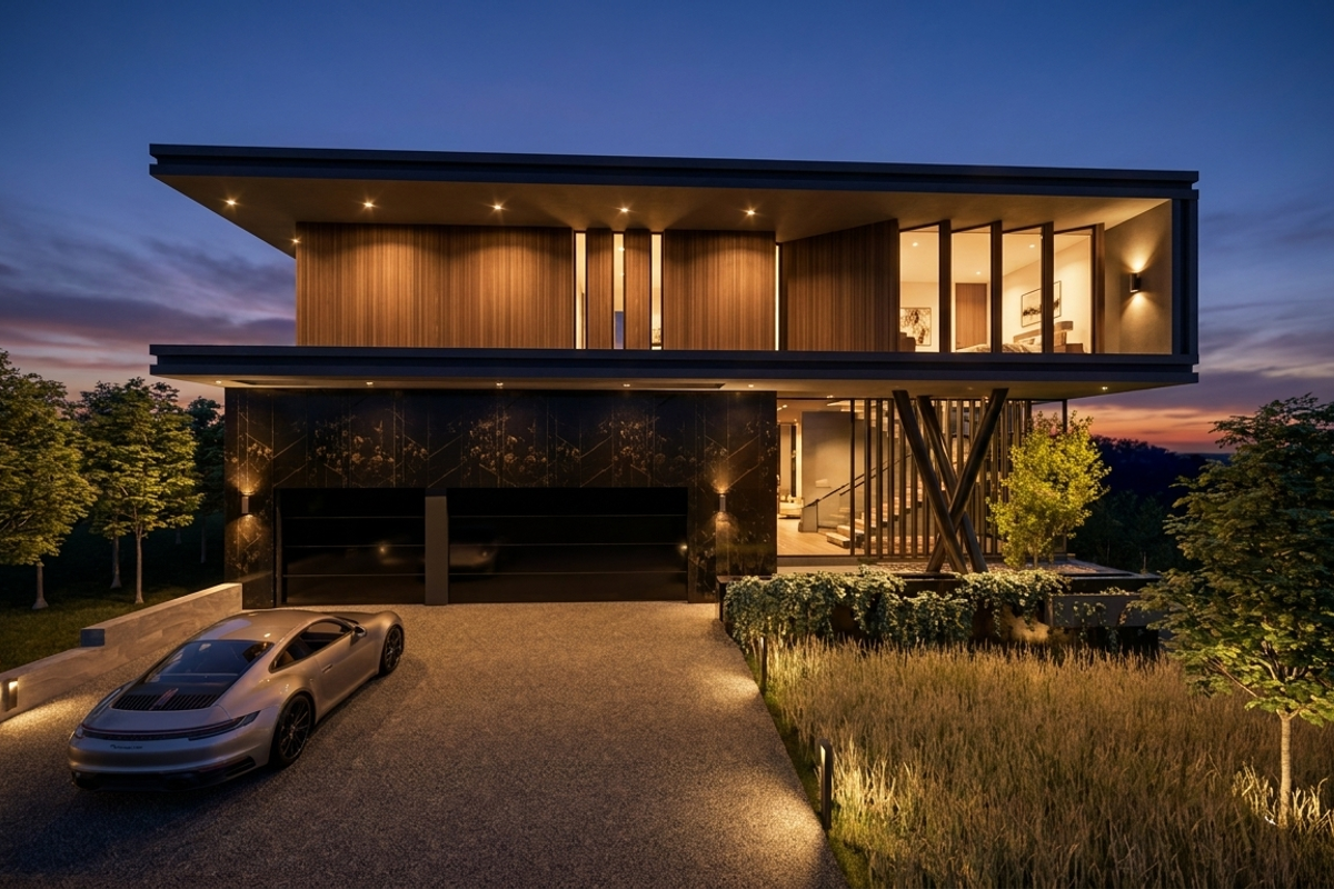 A modern architectural luxury home featuring a double garage, timber-clad upper level, and sophisticated exterior lighting at dusk.