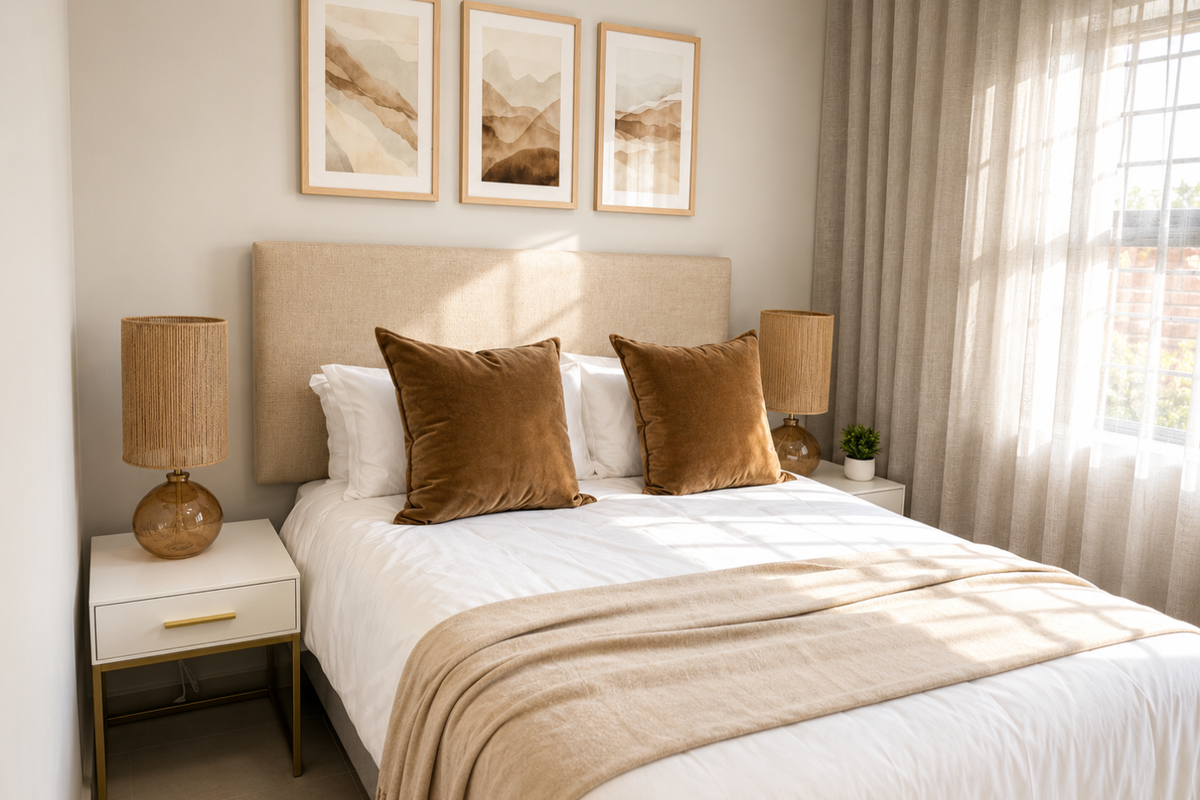A well-lit bedroom featuring neutral tones, a modern upholstered headboard, and large windows with floor-to-ceiling curtains.