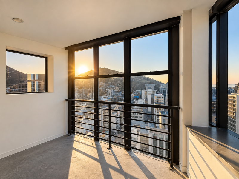 A bright, empty penthouse balcony featuring black metal railings and expansive floor-to-ceiling windows offering panoramic city and mountain views.