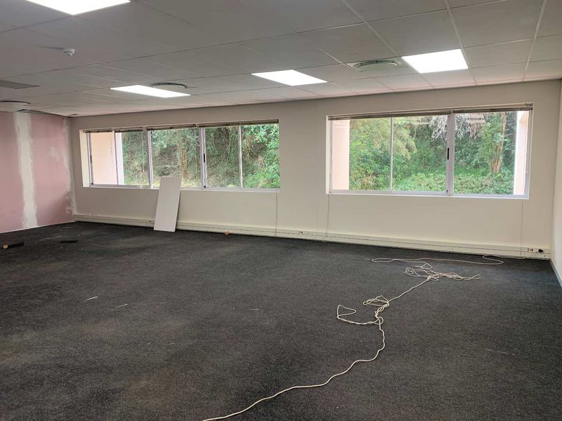 An empty office space featuring a suspended ceiling, large windows with natural light, and carpeted flooring, currently requiring minor cosmetic finishing.