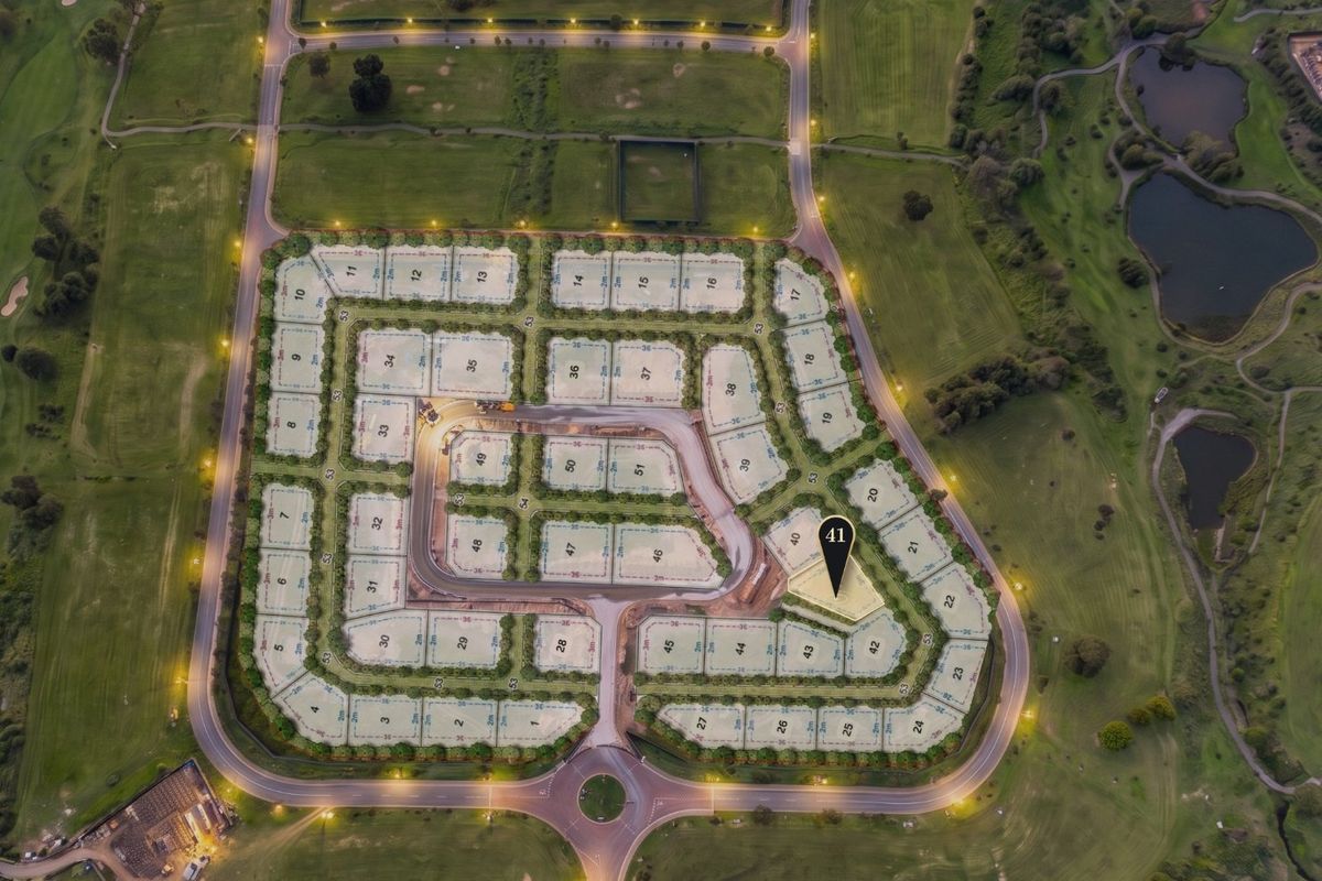 Aerial view of a residential estate development featuring marked plots, paved internal roads, and street lighting, with plot 41 highlighted.