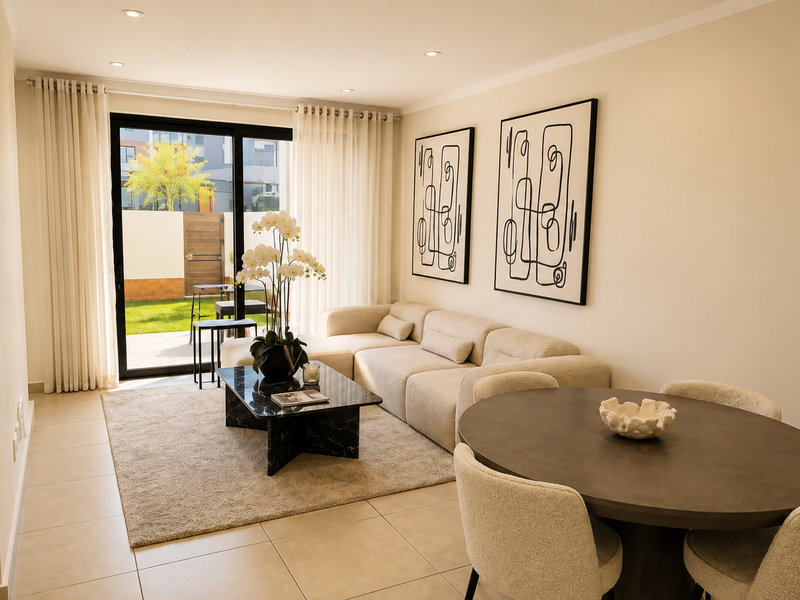 Modern open-plan living and dining area featuring neutral tiled flooring, recessed lighting, and large sliding glass doors providing direct access to the rear garden.