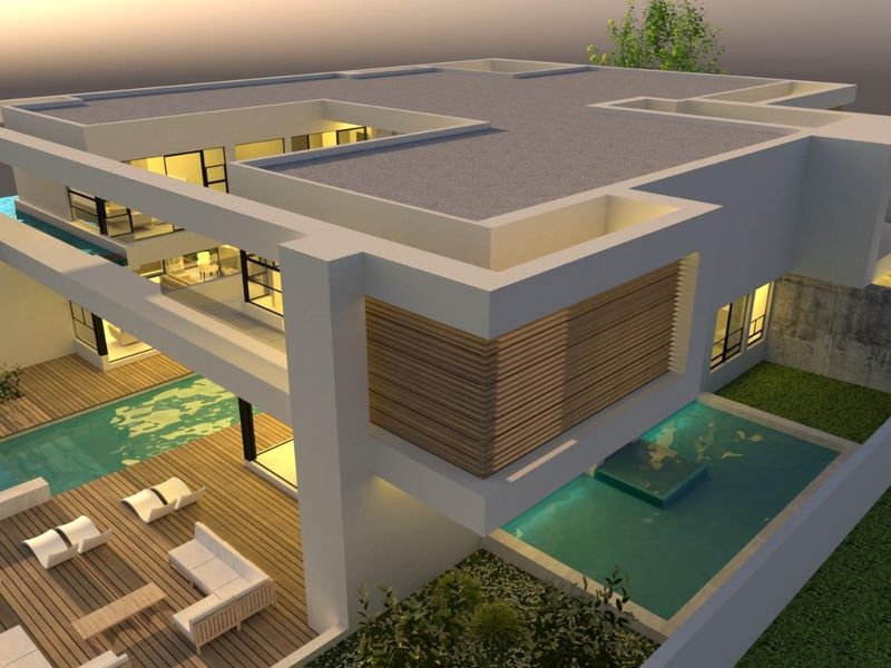 An aerial perspective of a modern architectural residence featuring a flat roof, timber decking, and integrated swimming pool areas.