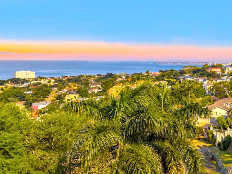 A scenic elevated view overlooking a coastal residential neighborhood with lush greenery and a distant ocean horizon at sunset.