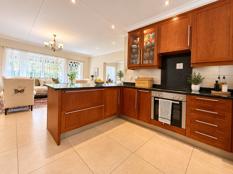 Spacious open-plan kitchen featuring warm-toned wooden cabinetry, granite countertops, and integrated appliances, seamlessly flowing into the adjacent living area.