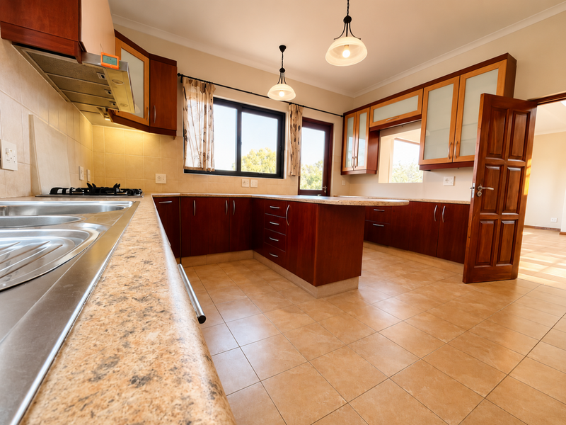A spacious kitchen featuring warm-toned wooden cabinetry, durable laminate countertops, tiled flooring, and a functional layout with integrated gas hob and extractor fan.