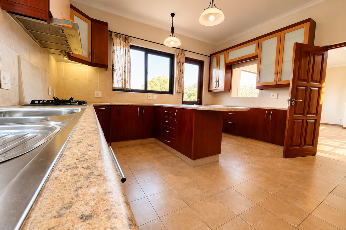 A spacious kitchen featuring warm-toned wooden cabinetry, durable laminate countertops, tiled flooring, and a functional layout with integrated gas hob and extractor fan.