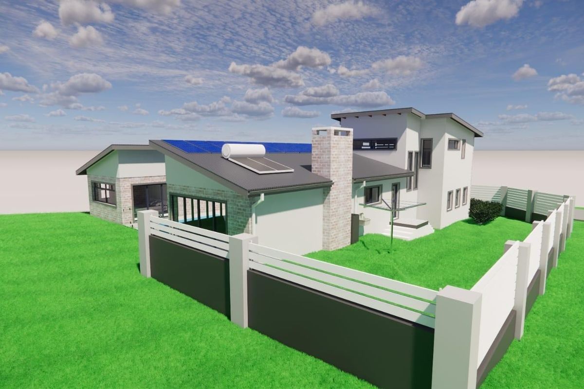 A 3D architectural rendering of a modern residential property featuring a fenced garden, solar panels, and a brick chimney.