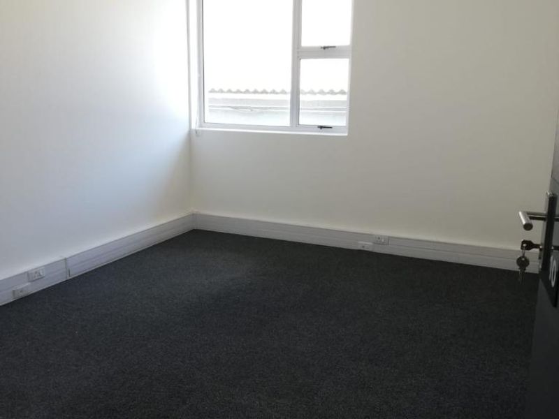 A clean, empty office space featuring dark carpet flooring, a suspended ceiling, and a window providing natural light.