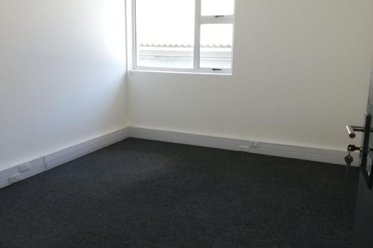 A clean, empty office space featuring dark carpet flooring, a suspended ceiling, and a window providing natural light.