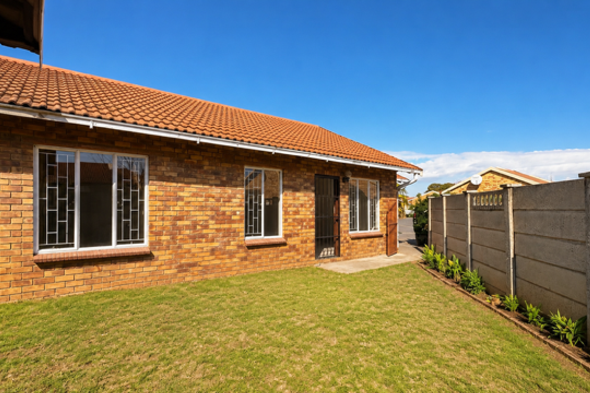 Rear view of the townhouse featuring a face brick exterior, tiled roof, security bars on windows, and a private lawn area with boundary wall.