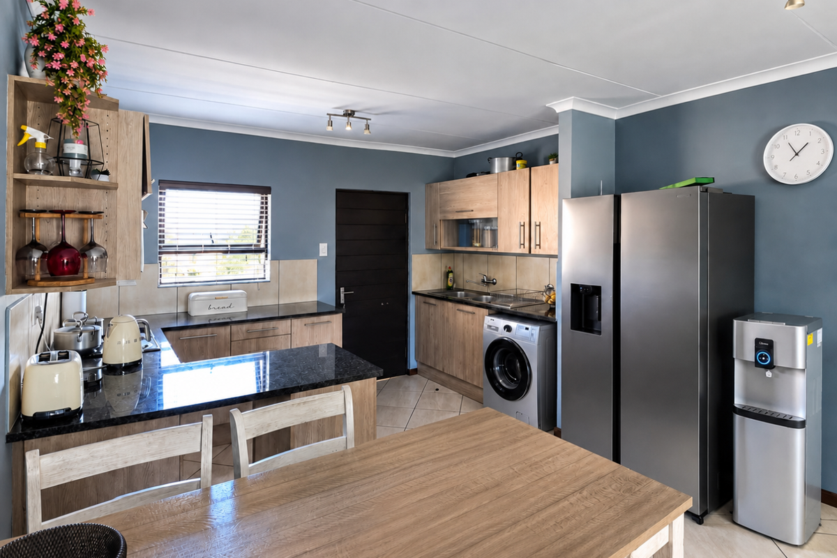 A functional kitchen featuring wood-look laminate cabinetry, dark granite countertops, tiled backsplash, and integrated laundry plumbing, offering a clean and practical workspace.