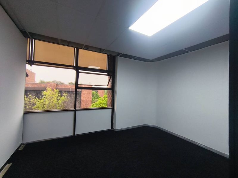 An empty office space featuring a large window, dark carpeting, and a suspended ceiling with recessed lighting, currently requiring minor ceiling repairs.