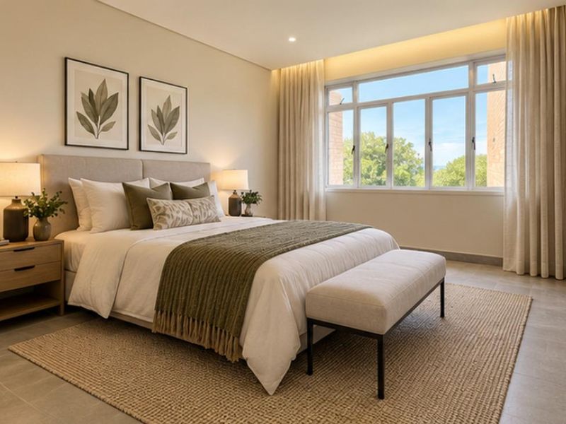 A well-lit, modern bedroom featuring neutral tones, tiled flooring, and a large window providing natural light and exterior views.