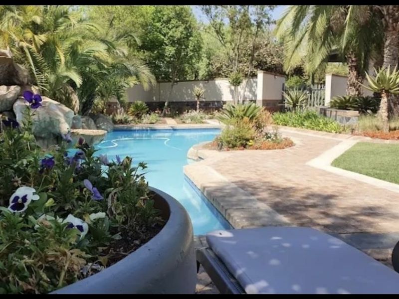 A well-maintained outdoor pool area featuring a paved deck, rock water feature, and established garden landscaping within a secure boundary wall.