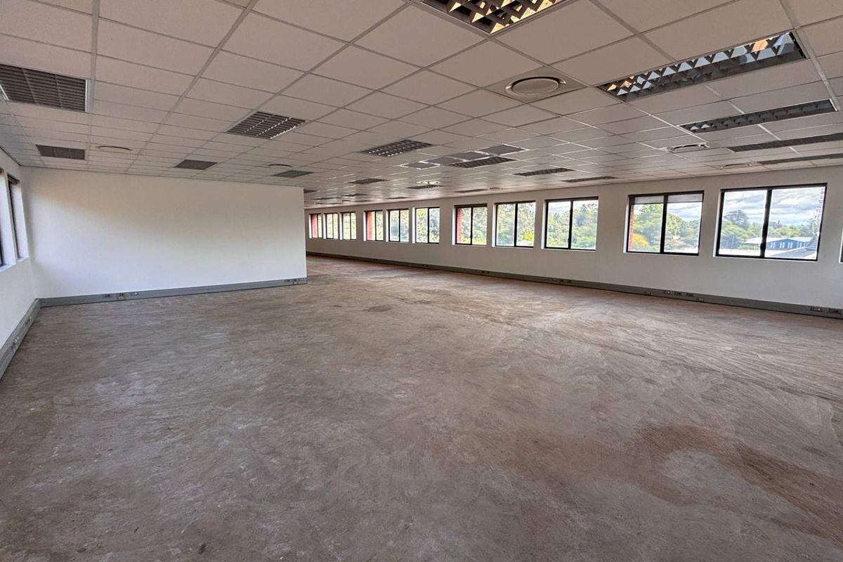 A spacious, open-plan office area featuring a suspended ceiling, recessed lighting, and extensive windows providing ample natural light.