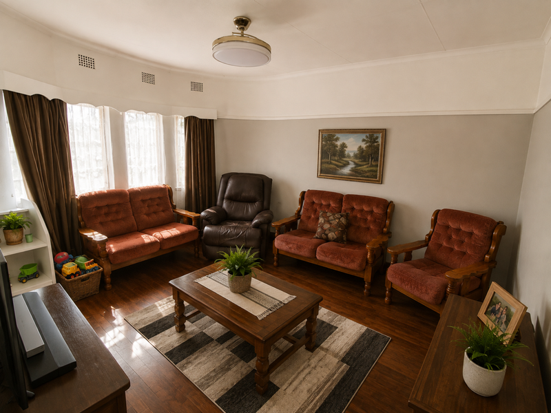 A traditional living room featuring hardwood flooring, a bay window with natural light, and coved ceiling details.