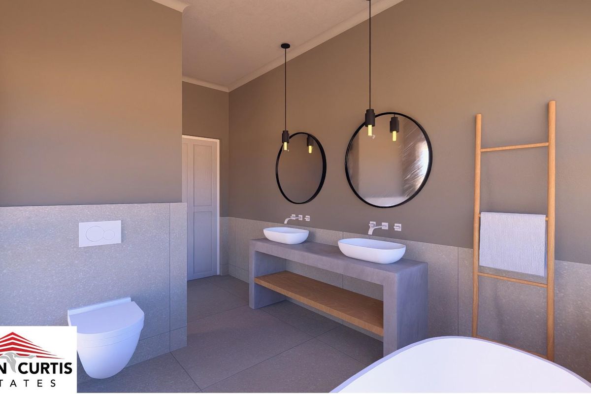 Modern bathroom featuring a double vanity with vessel sinks, wall-mounted toilet, and contemporary pendant lighting in a neutral color palette.
