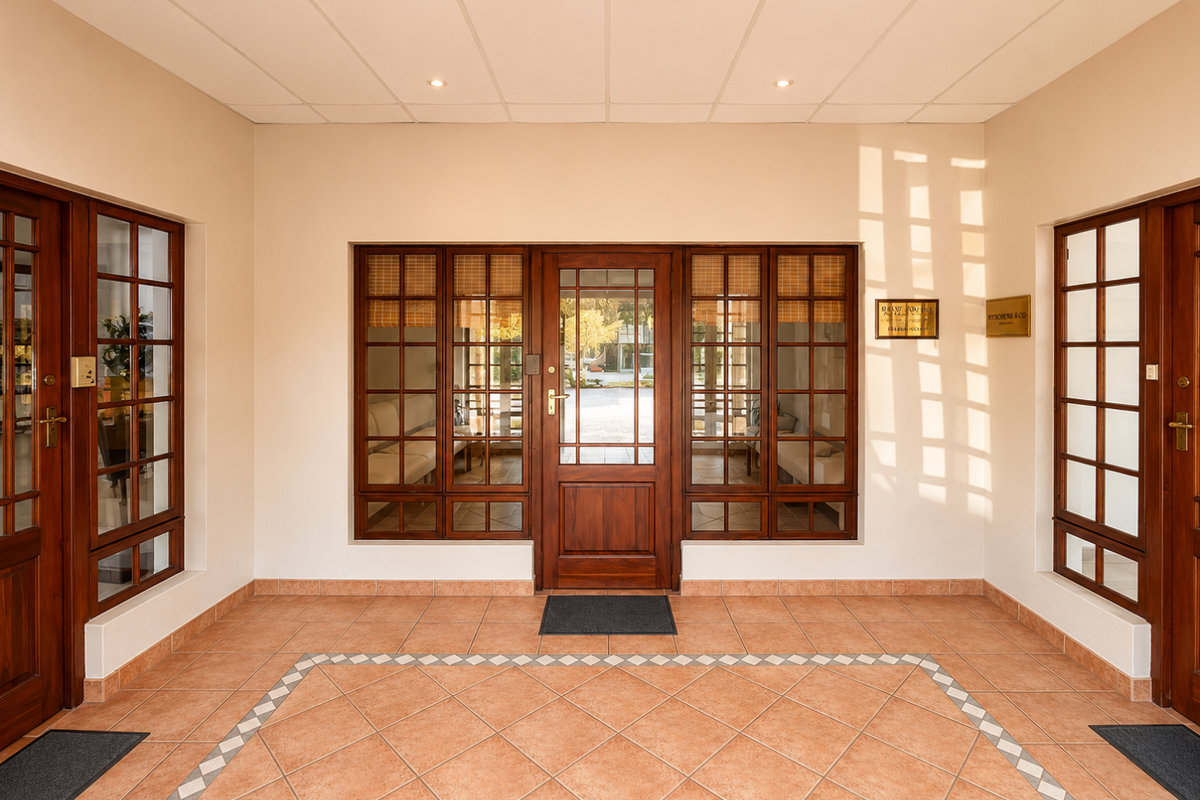 A bright and well-maintained office entrance foyer featuring tiled flooring, wooden framed glass doors, and a clean, professional aesthetic.