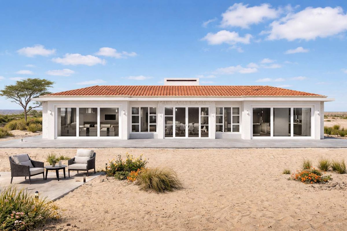 Rear view of a modern single-story home featuring a terracotta tiled roof, white stucco exterior, and extensive glass sliding doors opening onto a concrete patio.