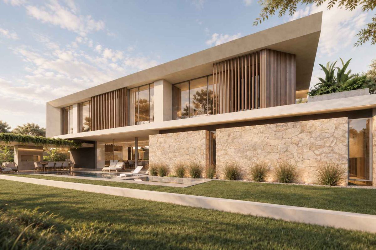 Modern luxury residence featuring a swimming pool, stone-clad facade, timber architectural detailing, and expansive floor-to-ceiling glass overlooking a landscaped garden.