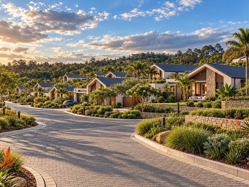 A scenic street view of a modern residential estate featuring paved roads, stone retaining walls, and well-maintained landscaped gardens at sunset.