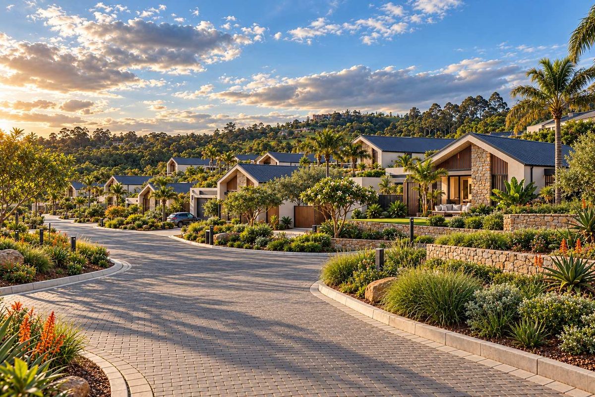 A scenic street view of a modern residential estate featuring paved roads, stone retaining walls, and well-maintained landscaped gardens at sunset.