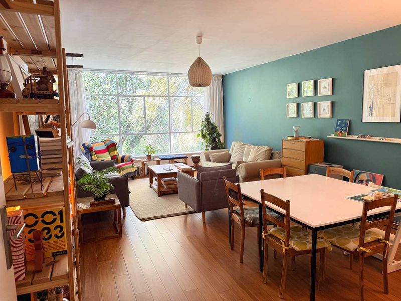 Spacious open-plan living and dining area featuring large steel-framed windows that provide ample natural light and a pleasant outlook.