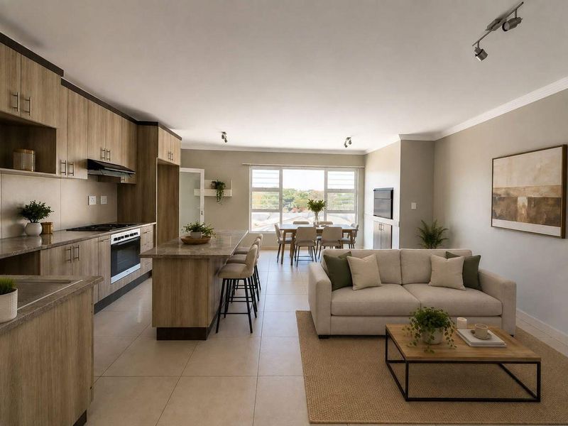 Modern open-plan living area featuring a contemporary kitchen with wood-finish cabinetry, a central island, and seamless flow to the dining and lounge space.