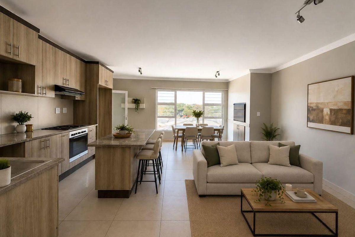 Modern open-plan living area featuring a contemporary kitchen with wood-finish cabinetry, a central island, and seamless flow to the dining and lounge space.