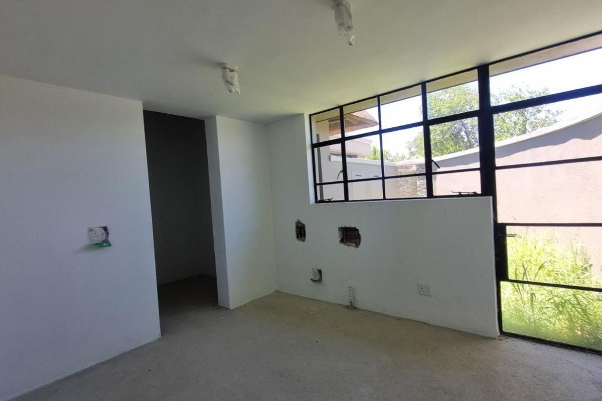 An unfinished interior room featuring large steel-framed windows, exposed electrical wiring, and bare concrete flooring, offering a blank canvas for renovation.