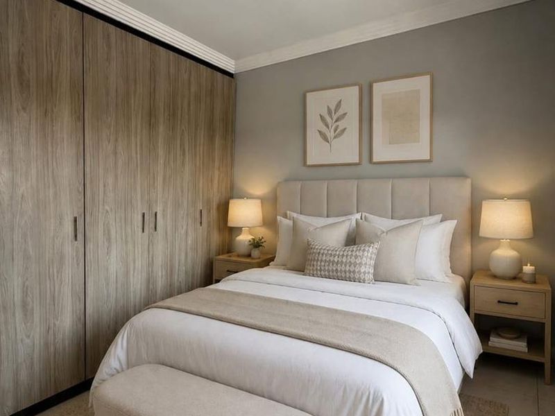 A well-maintained bedroom featuring modern wood-finish built-in wardrobes, crown molding, and contemporary track lighting, creating a clean and inviting atmosphere.