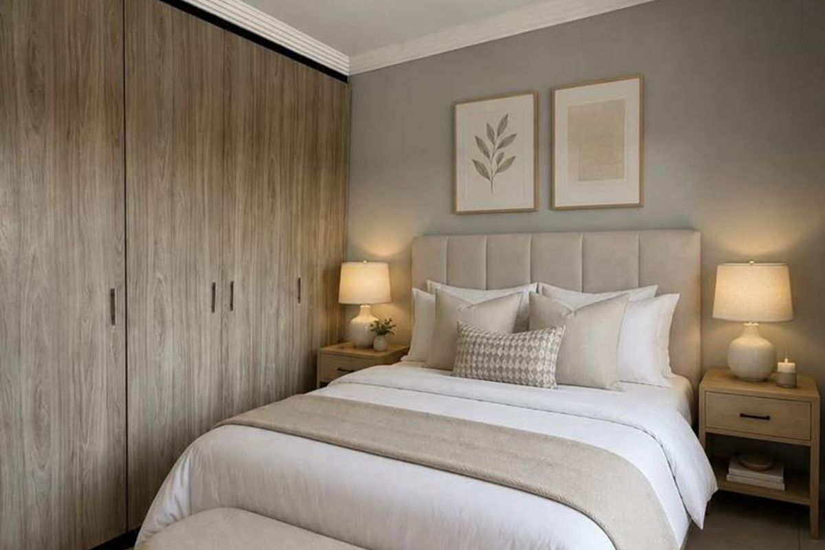 A well-maintained bedroom featuring modern wood-finish built-in wardrobes, crown molding, and contemporary track lighting, creating a clean and inviting atmosphere.