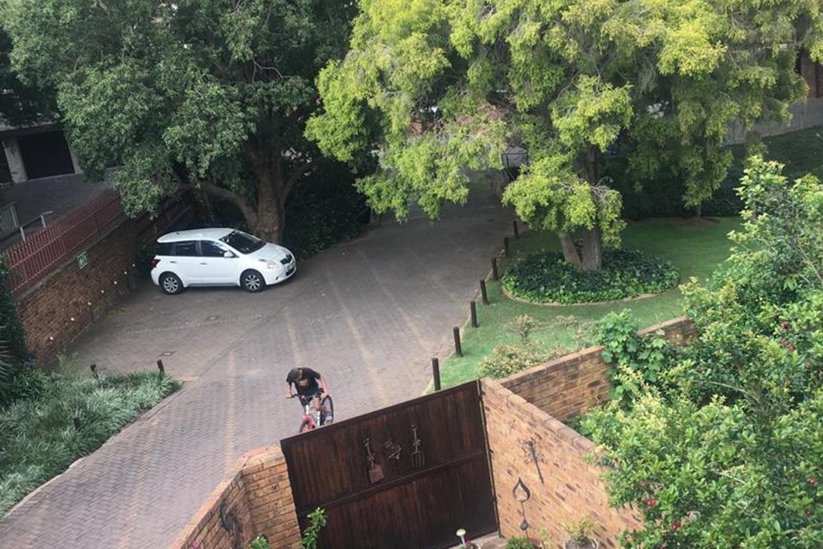 Elevated view of a private brick-paved courtyard with perimeter brick walls, overlooking a shared driveway and mature garden area.